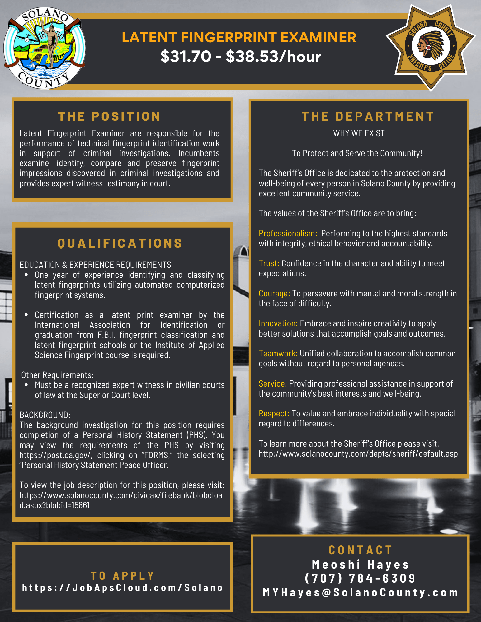 Job Announcement Latent Fingerprint Examiner County of Solano